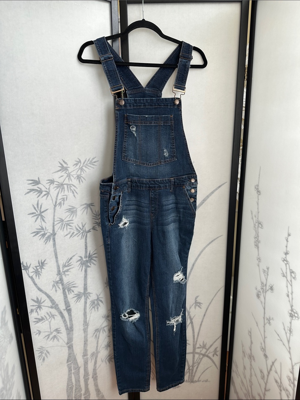 Blue Spice Dark Blue Distressed Denim Overalls Jumpsuit w/Pockets